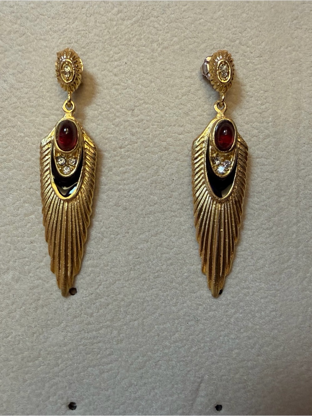 Gold-Tone Feather Drop Earrings with Garnet Accent